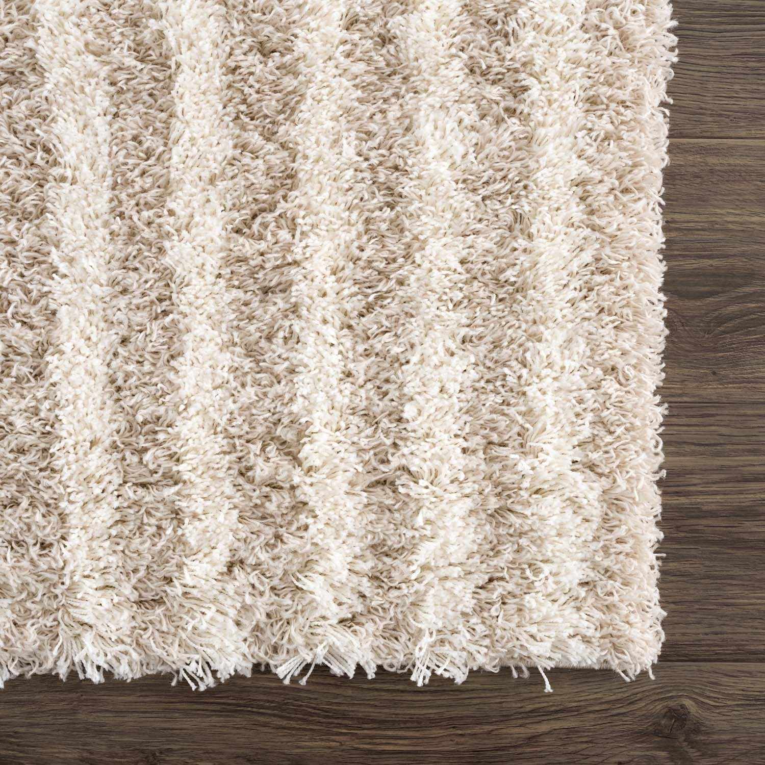 Close-up of the Emmly Shag Area Rug showing its white thatch, nutmeg, and gray tones, plus its plush, shaggy texture. Swatch