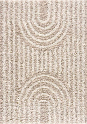 Close-up of the Emmly Shag Area Rug. Shag rug with a geometric pattern in white thatch, light peach, and nutmeg hues. Design-Rectangle-5373