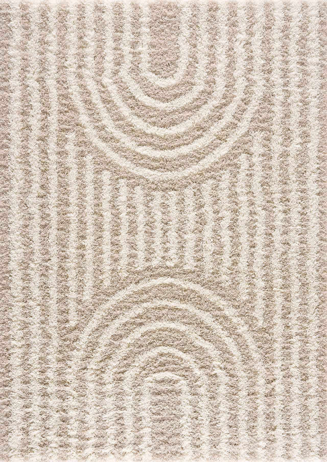 Close-up of the Emmly Shag Area Rug. Shag rug with a geometric pattern in white thatch, light peach, and nutmeg hues. Design-Rectangle-5373