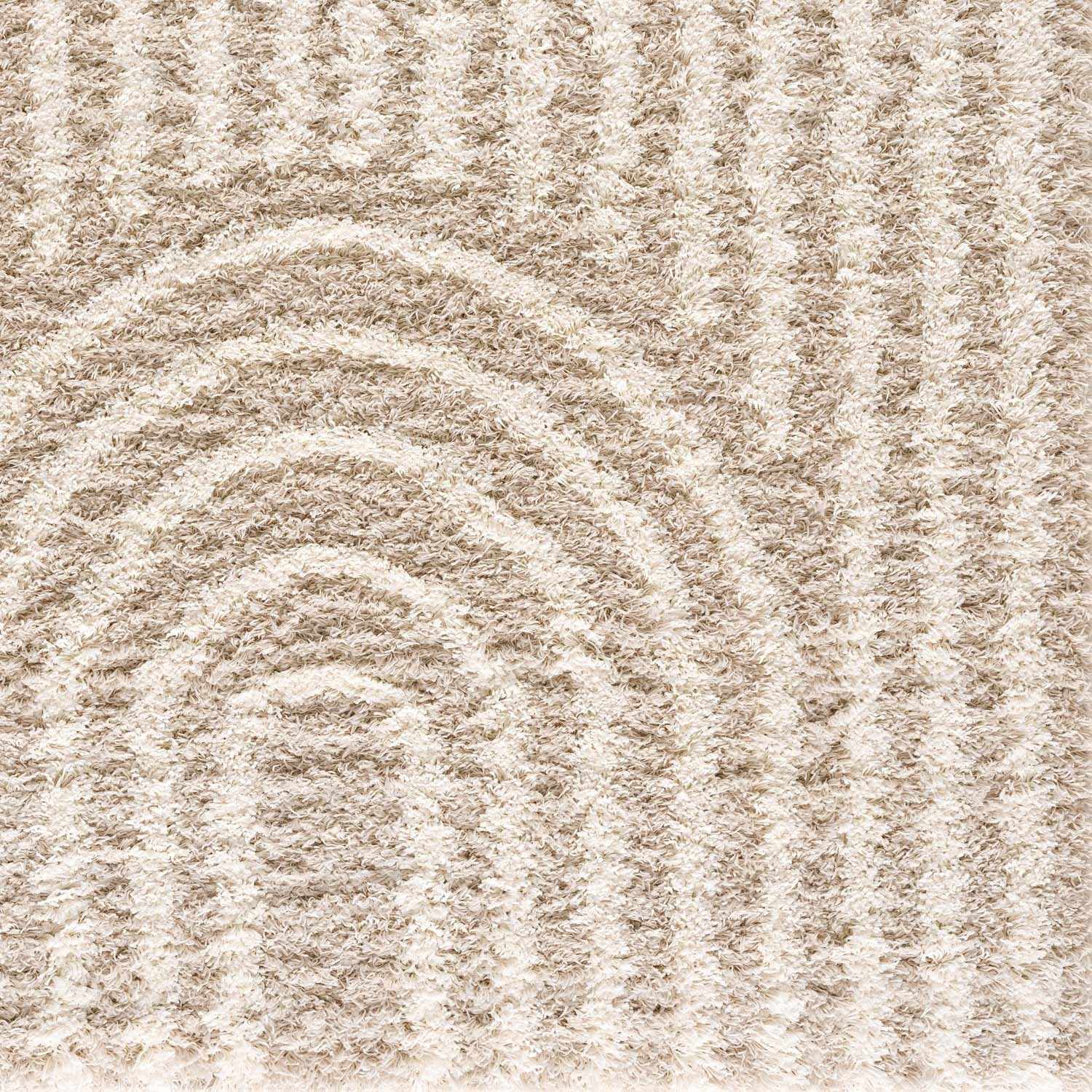 Close-up of the Emmly Shag Area Rug, featuring a geometric pattern in gray, light peach, nutmeg, smoke, and white thatch. Texture