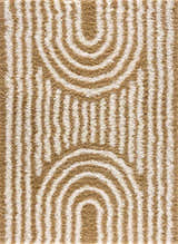 Close up of the Calup Shag Area Rug showing the bone and dark brown geometric pattern and shaggy texture. Design-Rectangle-5373