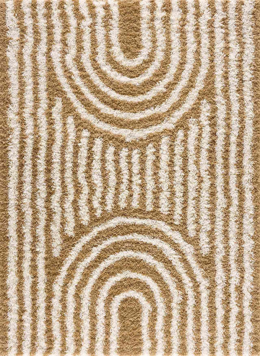 Close up of the Calup Shag Area Rug showing the bone and dark brown geometric pattern and shaggy texture. Design-Rectangle-5373