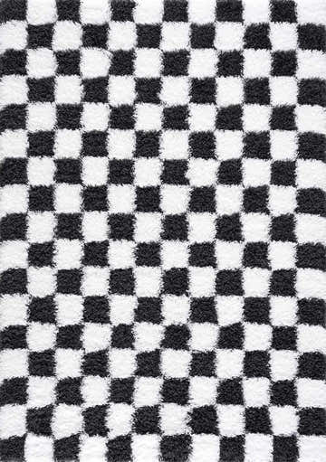 Close-up of the Atira Black & White Checkered Area Rug, featuring a plush, textured checkerboard pattern. Design-Rectangle-537
