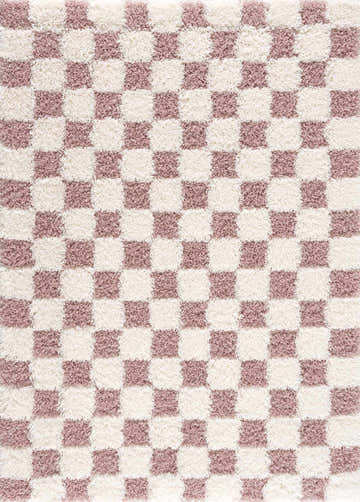 Close-up of the Atira Pink Checkered Shag Rug, featuring a cream and dark pink checkerboard pattern with a soft, shaggy texture. Design-Rectangle-537