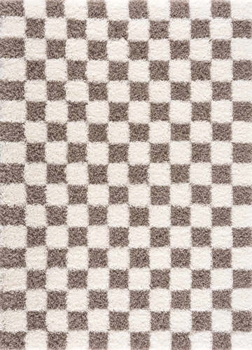 Close-up of the Atira Brown Checkered Area Rug, showcasing its brown and cream shag checkered pattern and texture. Design-Rectangle-537