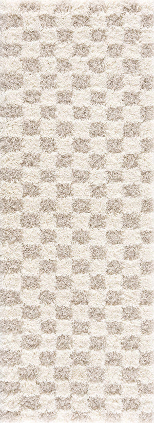 Close-up of the Atira Light Brown Checkered Area Rug. Cream and light brown shag rug with a geometric checkered pattern. Design-Runner-2773