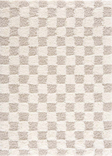 Close-up of the Atira Light Brown Checkered Area Rug, showcasing its cream and light brown shag geometric design. Design-Rectangle-537