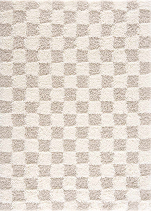 Close-up of the Atira Light Brown Checkered Area Rug, showcasing its cream and light brown shag geometric design. Design-Rectangle-537