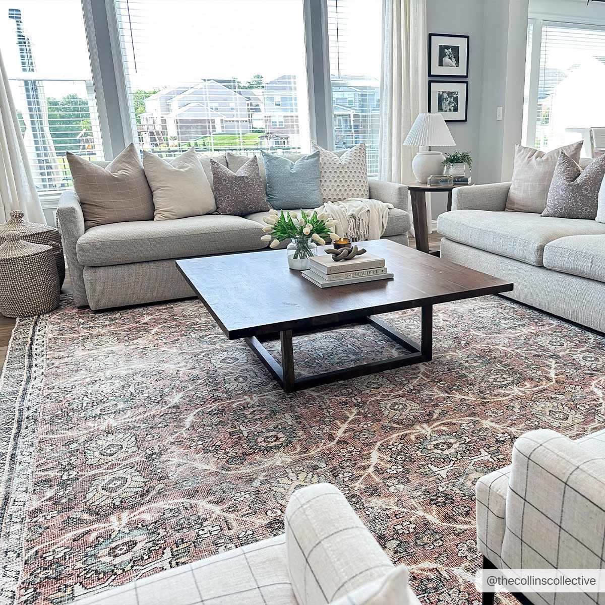 Living room scene with a Flat Pile Urpi Red Washable Rug, gray sofas, and a dark wood coffee table. Roomscene-Rectangle