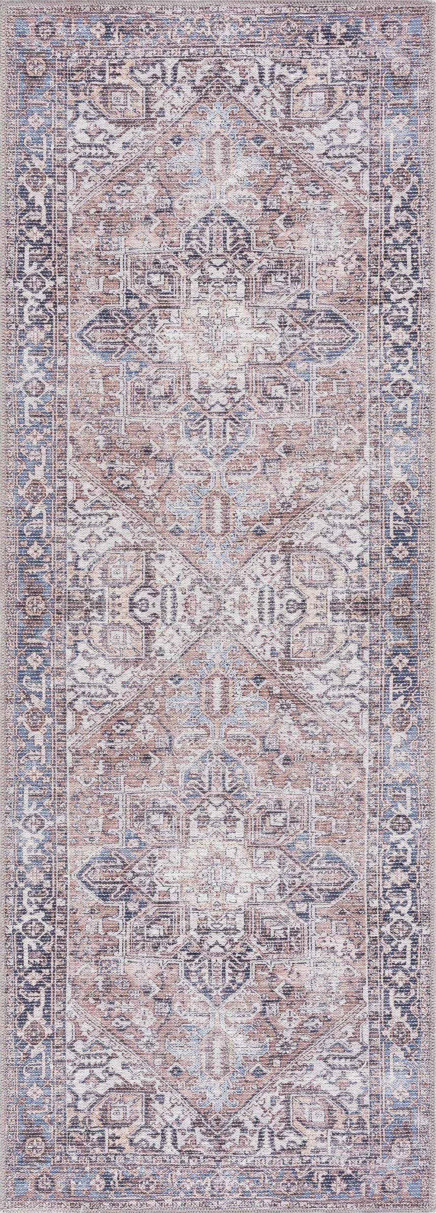 Close-up of Viho Vintage Flat Pile Washable Rug. Traditional design in brown, blue, peach, and white. Machine woven texture. Design-Runner-2773