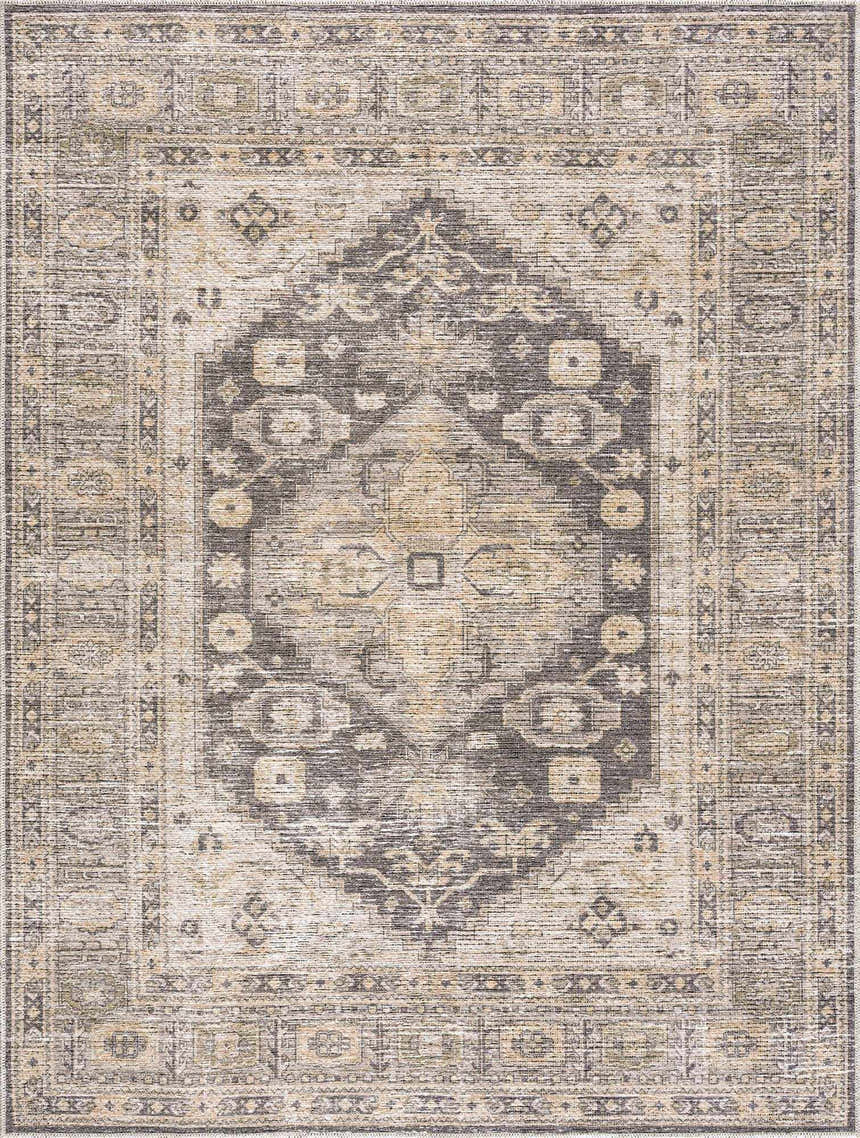 Close-up of the Keola Washable Area Rug. Traditional rug design in neutral tones of gray, beige, and cream. Design-Rectangle-537