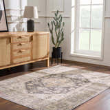 Living room with wood floors, Keola Washable Area Rug, wood cabinet, lamp, cactus, and natural light from a large window. Roomscene-Rectangle