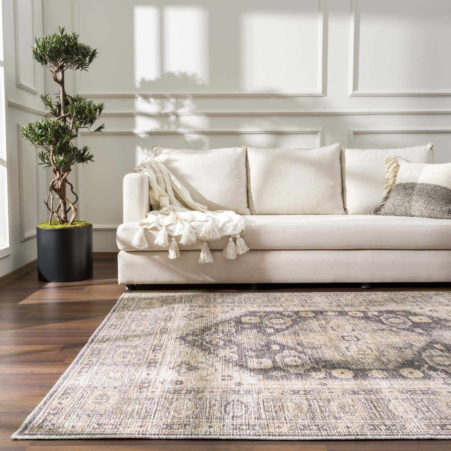 Living room with a neutral couch, olive tree, and the Keola Washable Area Rug in a traditional pattern. Roomscene-Rectangle