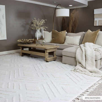 Living room scene with bone Vineyards 3D rug, beige sofa, wood coffee table, and neutral decor. Roomscene-Rectangle