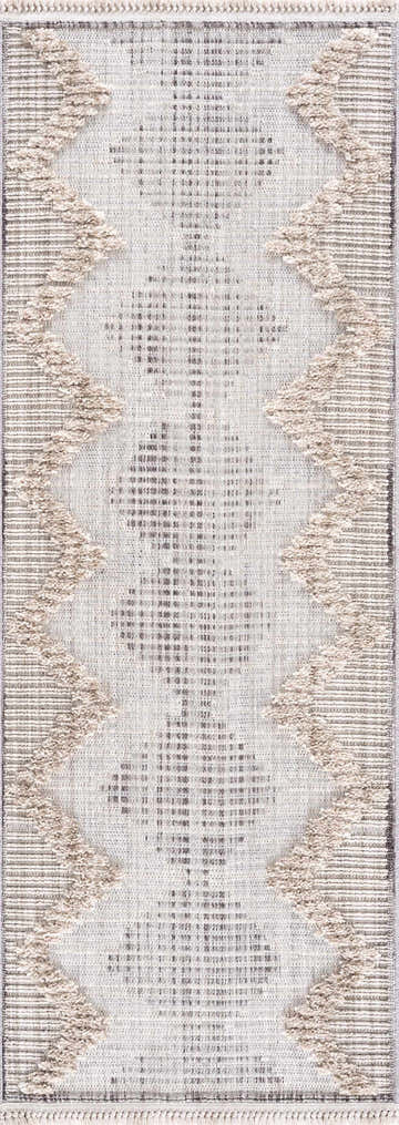 Close-up of Maulawin High-Low Rustic Rug. Geometric pattern in charcoal, cream, and gray. Bohemian farmhouse style texture. Design-Runner-2773
