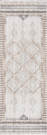 Close-up of Amaga High-Low Rustic Rug. Geometric diamond pattern in cream, light beige, and gray. Machine woven texture. Design-Runner-2773