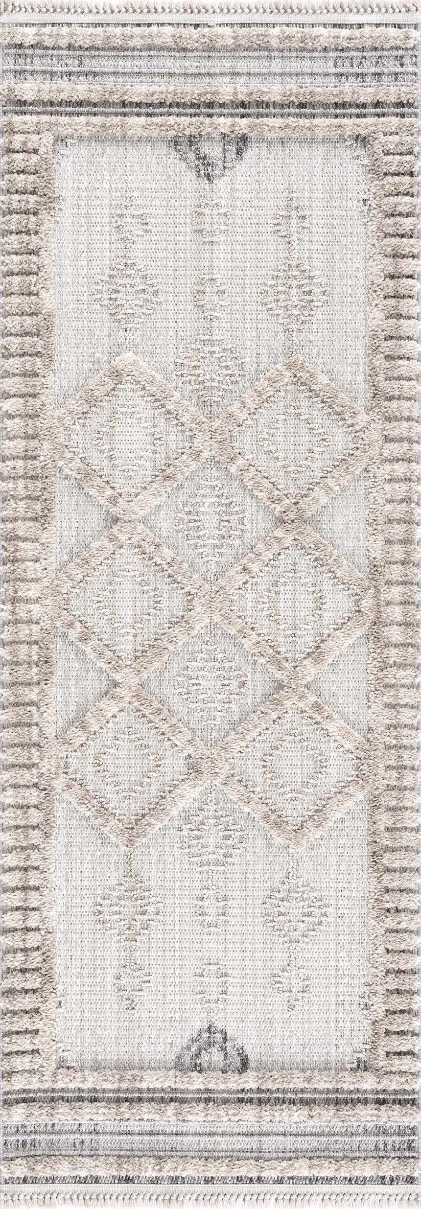 Close-up of Amaga High-Low Rustic Rug. Geometric diamond pattern in cream, light beige, and gray. Machine woven texture. Design-Runner-2773