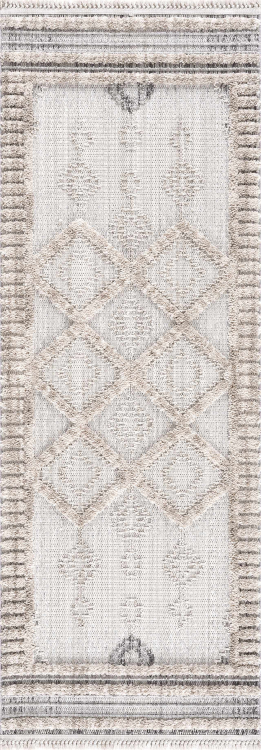 Close-up of Amaga High-Low Rustic Rug. Geometric diamond pattern in cream, light beige, and gray. Machine woven texture. Design-Runner-2773