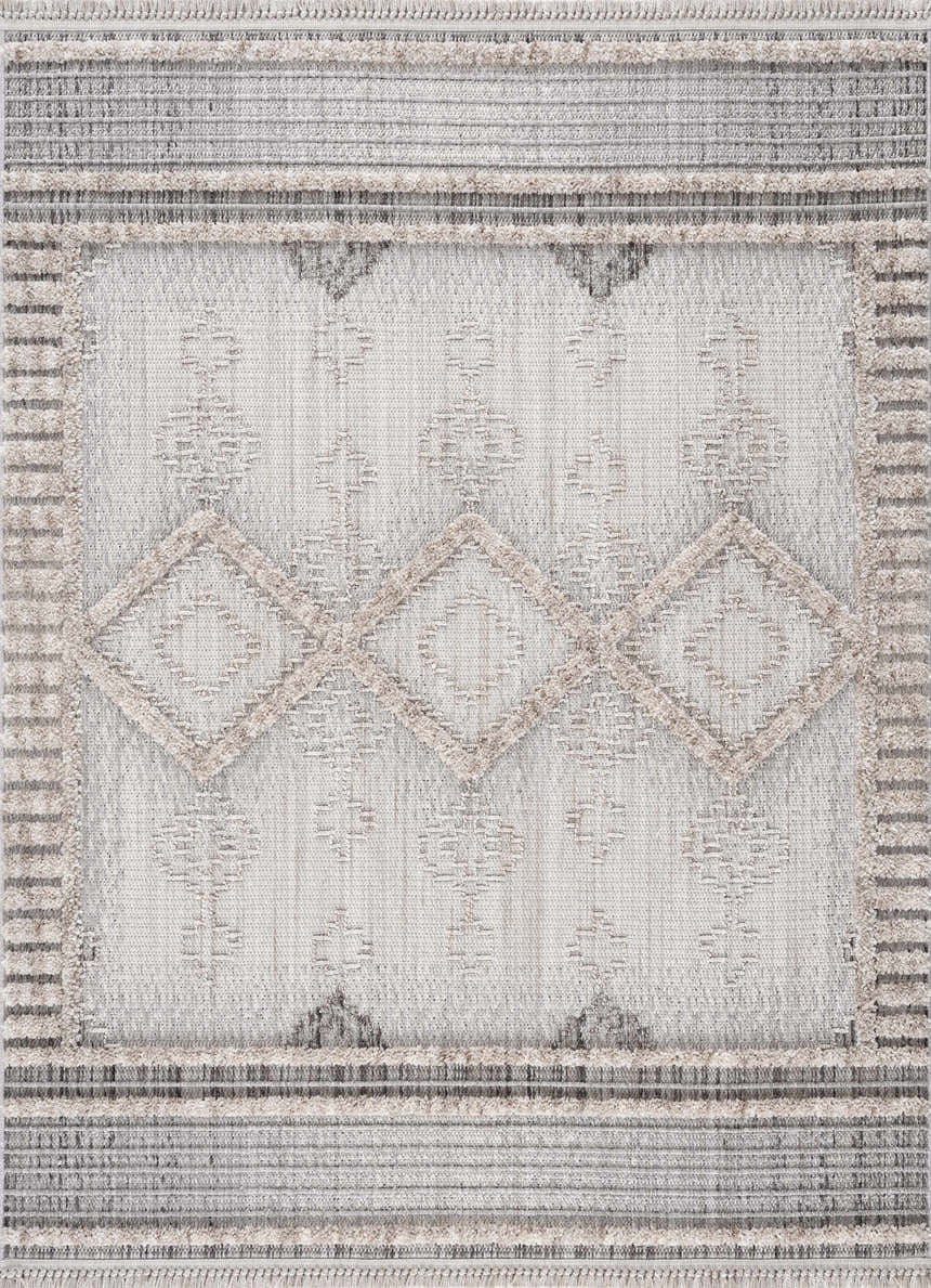 Close-up of the Amaga High-Low Rustic Rug. Geometric design in charcoal, cream, light beige, and gray tones. Textured polyester. Design-Rectangle-537
