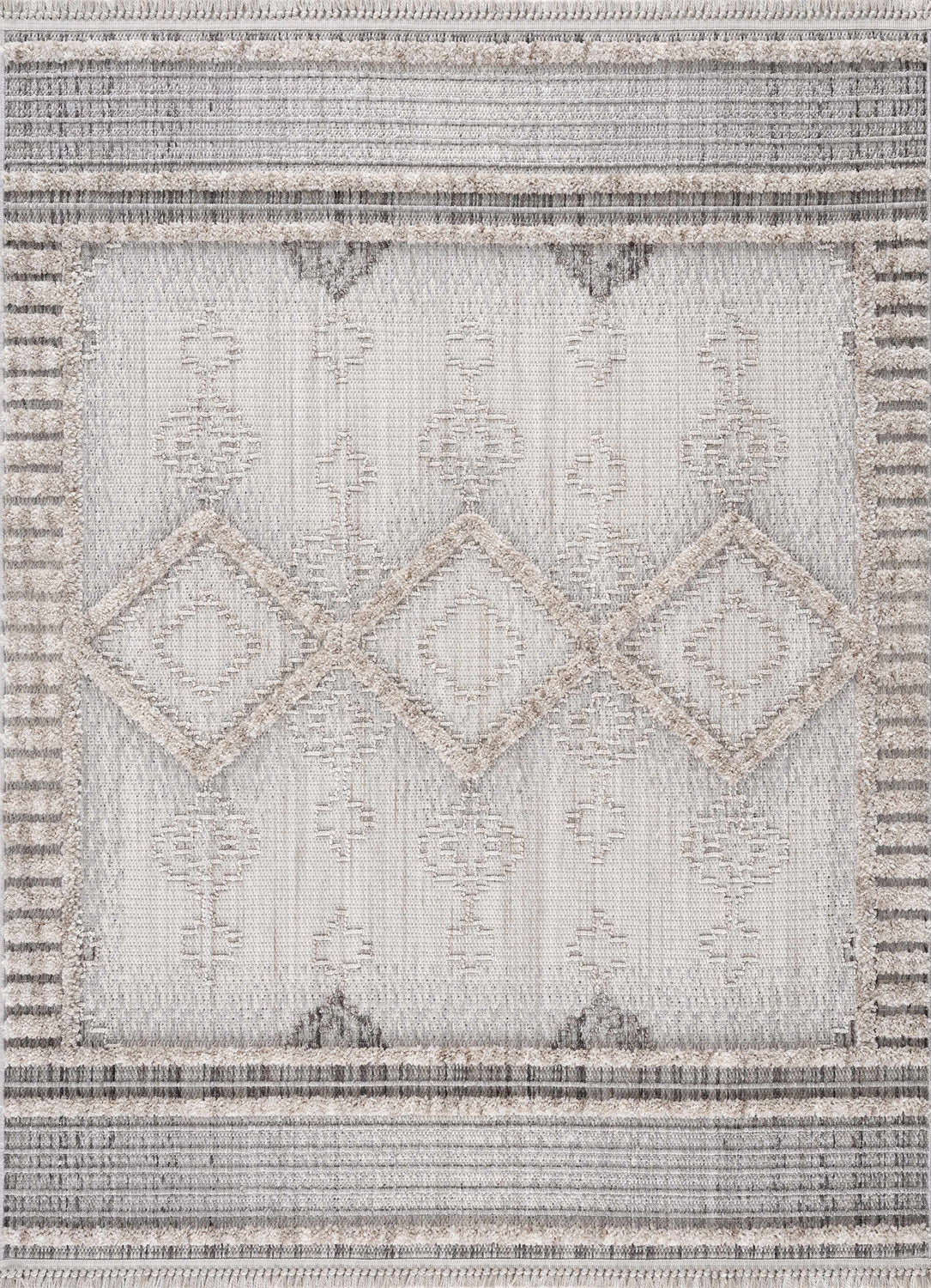 Close-up of the Amaga High-Low Rustic Rug. Geometric design in charcoal, cream, light beige, and gray tones. Textured polyester. Design-Rectangle-537