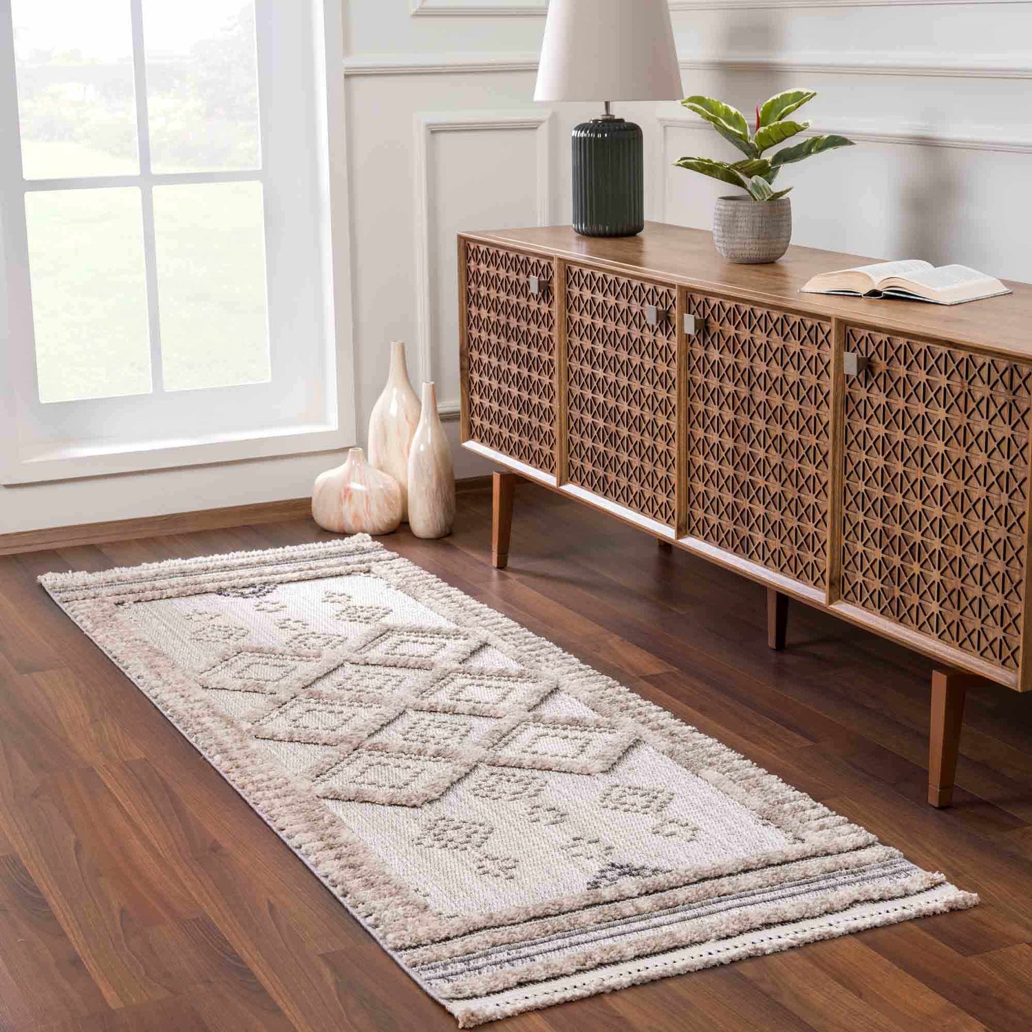 Entryway with Amaga High-Low Rustic Rug runner, geometric pattern, light beige and gray, wood console, and modern decor. Roomscene-Runner