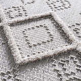 Close-up of the Amaga High-Low Rustic Rug showcasing its geometric pattern and high-low texture in charcoal and cream. Texture