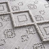 Close-up of the Amaga High-Low Rustic Rug showing its geometric pattern, high-low texture, and shades of gray and cream. Texture