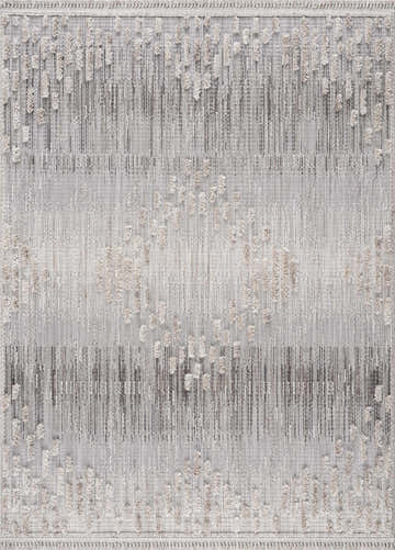 Close-up of the Poydras High-Low Rustic Rug. Features a textured, abstract pattern in charcoal, gray, and light beige tones. Design-Rectangle-537