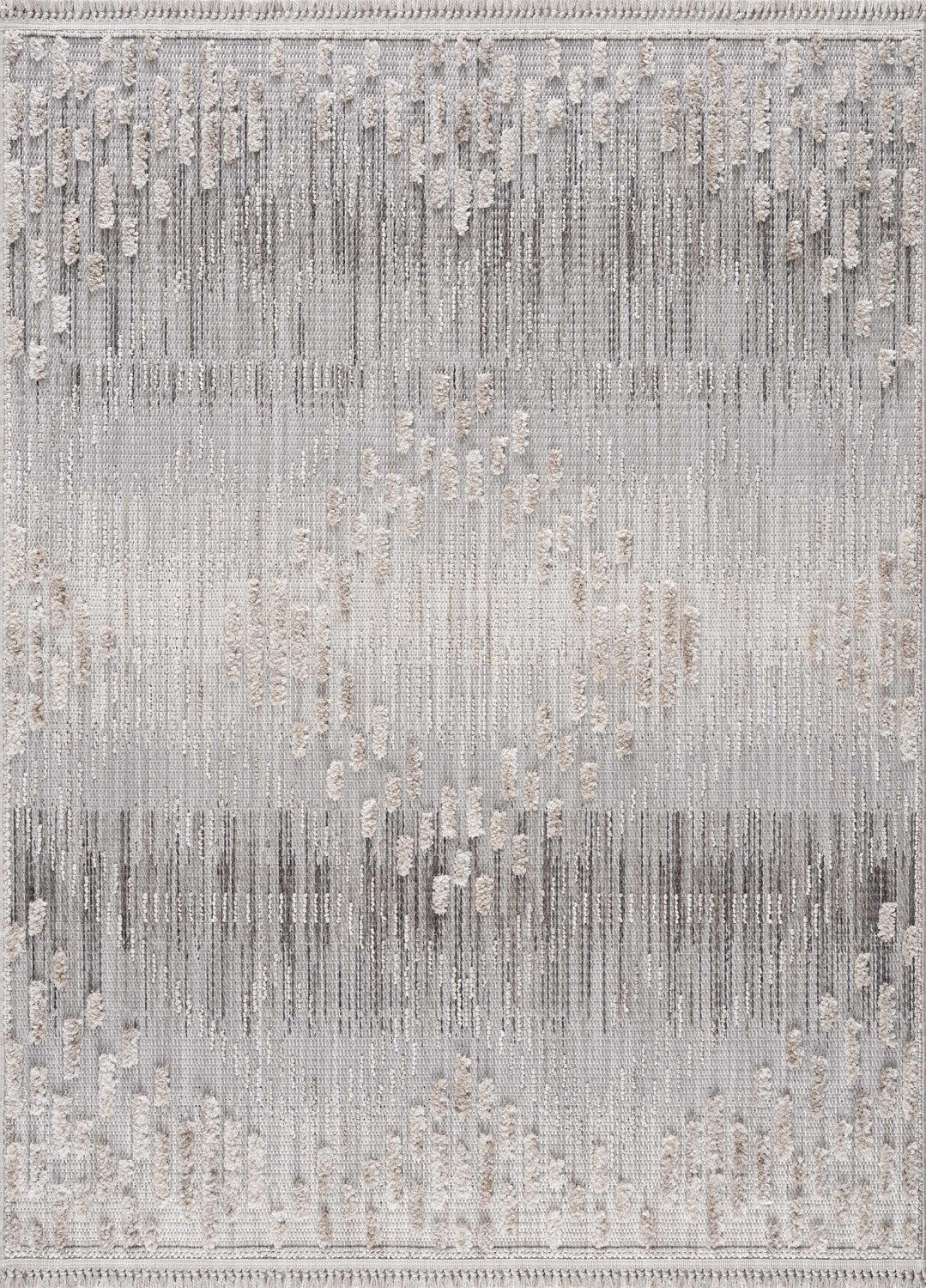 Close-up of the Poydras High-Low Rustic Rug. Features a textured, abstract pattern in charcoal, gray, and light beige tones. Design-Rectangle-537