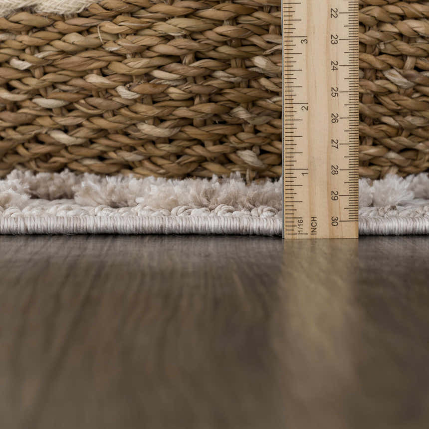 Close-up of the light beige Poydras High-Low Rustic Rug showing texture and pile height with a ruler. Pile