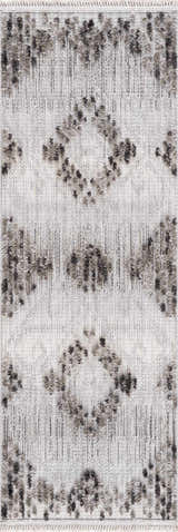 Close-up of the Cabarroguis Area Rug. Charcoal and gray geometric pattern on a cream and light beige woven texture. Design-Runner-2773