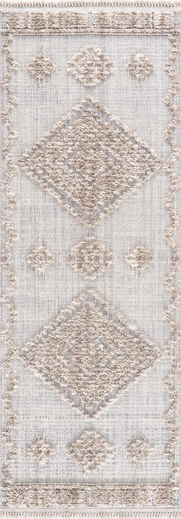 Close-up of the Ampusungan Area Rug showing its geometric pattern and beige, cream, and light gray colors. Design-Runner-2773