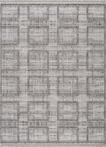 Close-up of the Knocklyon High-Low Rustic Rug. Features a geometric square pattern in charcoal, cream, and gray tones. Design-Rectangle-537