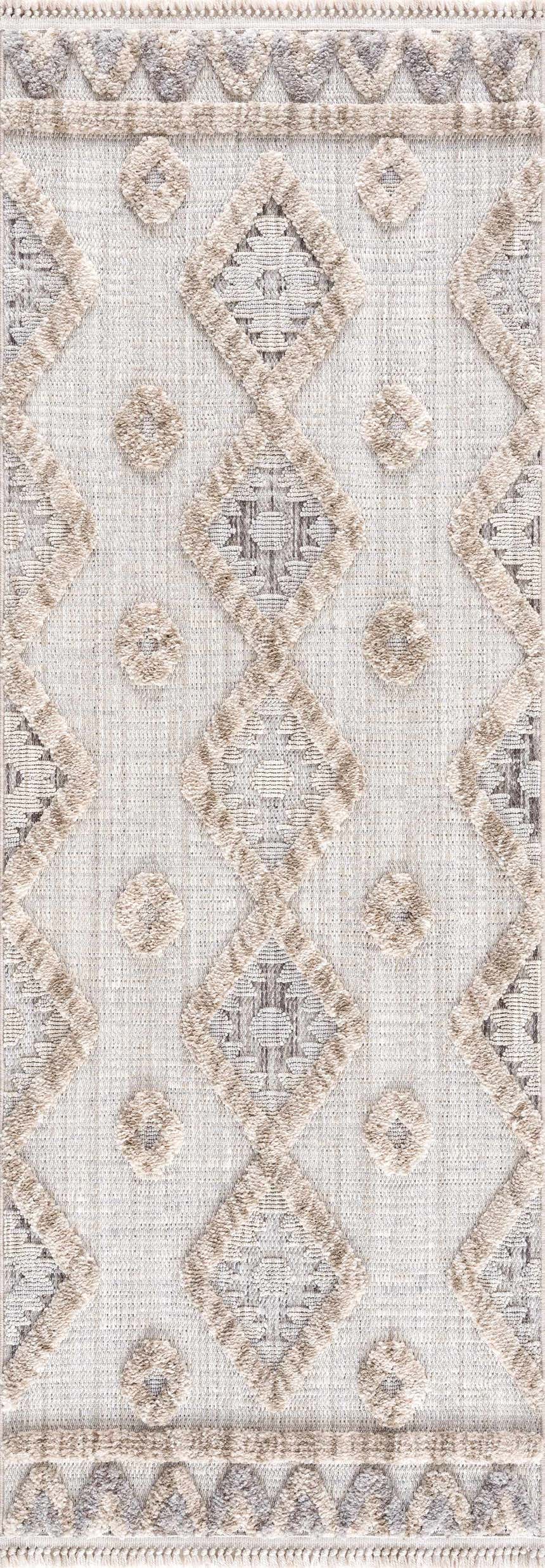 Close-up of Serkomen High-Low Area Rug. Features a diamond pattern in neutral beige and gray tones with a textured, high-low pile. Design-Runner