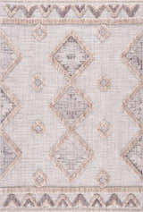 Close-up of Serkomen High-Low Area Rug. Beige polyester rug with diamond and triangle pattern and high-low texture. Design-Rectangle-46