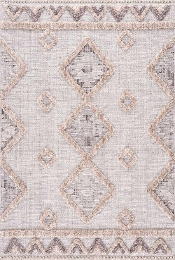 Close-up of Serkomen High-Low Area Rug. Beige polyester rug with diamond and triangle pattern and high-low texture. Design-Rectangle-46