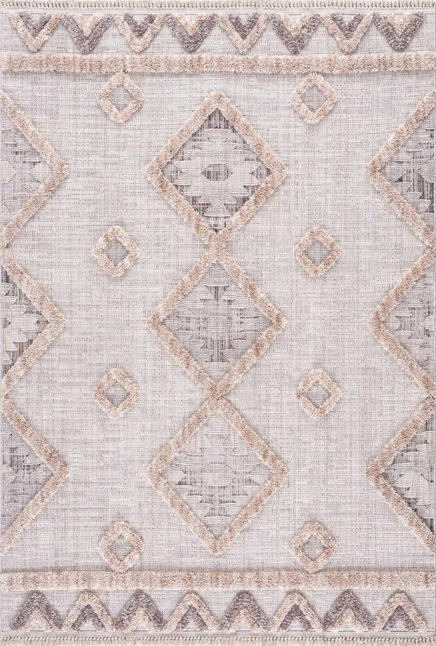Close-up of Serkomen High-Low Area Rug. Beige polyester rug with diamond and triangle pattern and high-low texture. Design-Rectangle-46