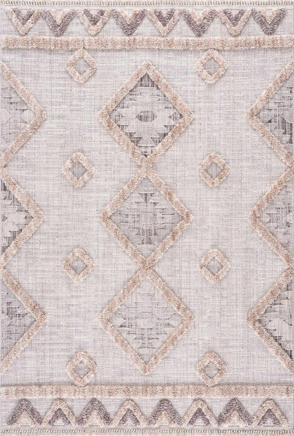 Close-up of Serkomen High-Low Area Rug. Beige polyester rug with diamond and triangle pattern and high-low texture. Design-Rectangle-46