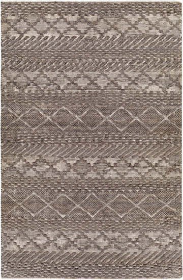 Close-up of the hand woven Abuyon Jute Carpet. Charcoal and light beige rug with a geometric diamond and stripe pattern. Design-Rectangle-576