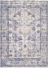 Close-up of the Accokeek Luxe Area Rug. Denim, light beige, and navy vintage style rug with traditional floral pattern. Design-Rectangle-582