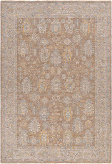 Close-up of the Achim Thick Luxe Statement Rug. Farmhouse style with charcoal, brown, gray, mustard, tan, and taupe colors. Design-Rectangle-6796