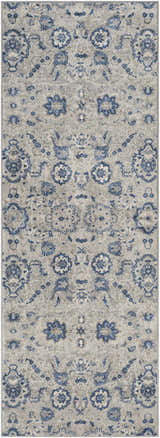 Close-up of the Adairsville Blue Floral Area Carpet. Features a denim and gray floral pattern on a silver gray background. Design-Runner-2773