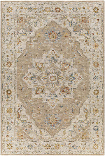 Detailed Luxe Adana Oushak Rug featuring traditional floral patterns in brick red, cream, denim, and light brown. Design-Rectangle-6796