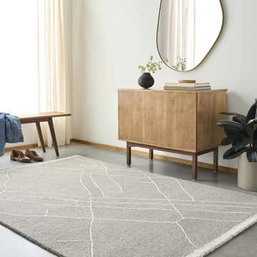 Transitional entryway with Arsenal Trout Valley Gray Wool Rug, wood cabinet, bench, and mirror. Roomscene-Rectangle