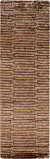 Close-up of the Addieville Area Carpet. Features a contemporary striped design in black, brick red, and medium brown tones. Design-Runner-268
