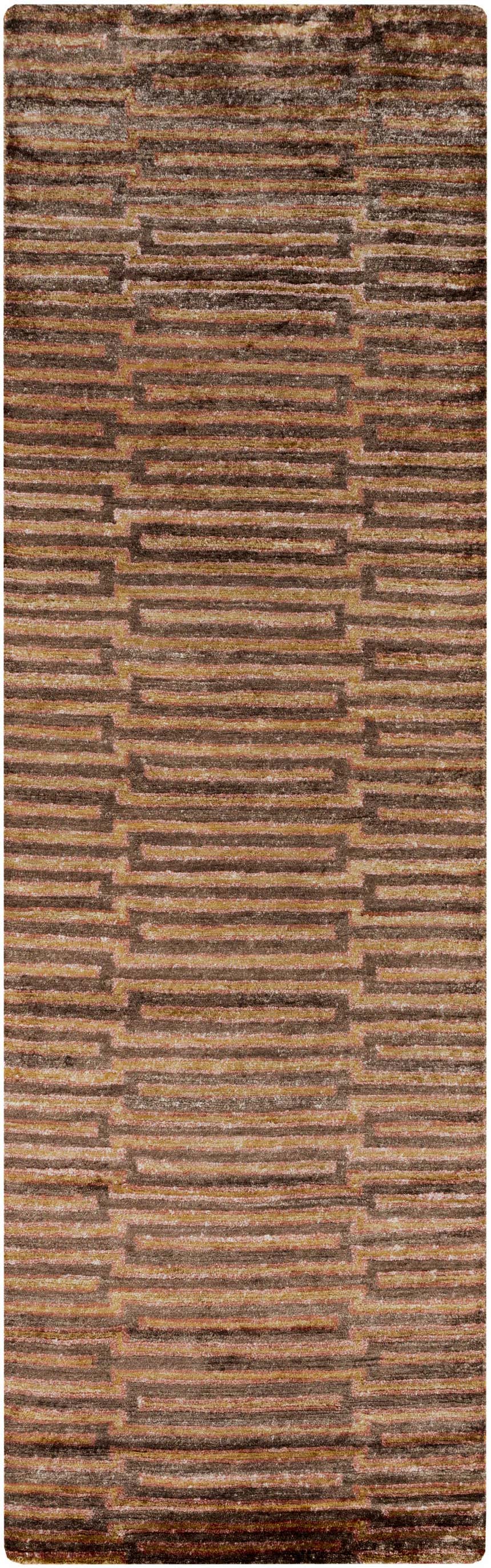 Close-up of the Addieville Area Carpet. Features a contemporary striped design in black, brick red, and medium brown tones. Design-Runner-268