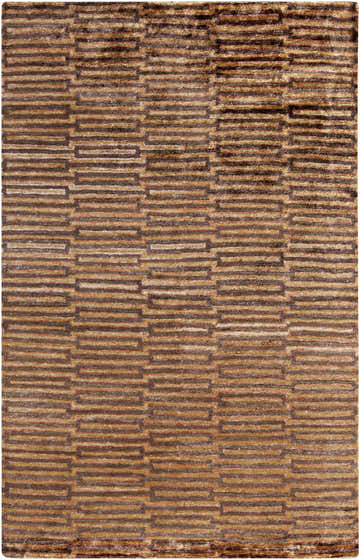 Close-up of the Addieville Area Carpet. Contemporary design with black, brick red, and medium brown hues. Hand knotted viscose rug. Design-Rectangle-58