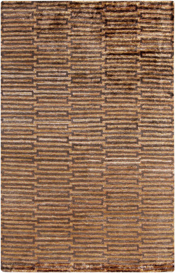 Close-up of the Addieville Area Carpet. Contemporary design with black, brick red, and medium brown hues. Hand knotted viscose rug. Design-Rectangle-58