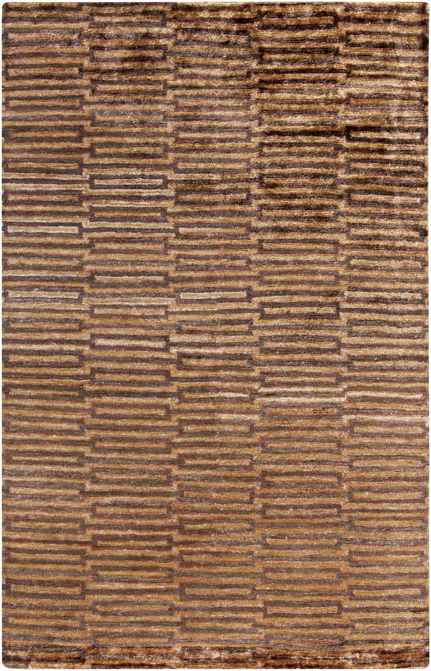 Close-up of the Addieville Area Carpet. Contemporary design with black, brick red, and medium brown hues. Hand knotted viscose rug. Design-Rectangle-58