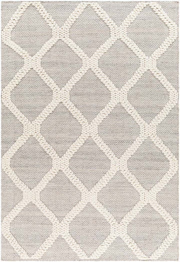 Close-up of the Adora Area Rug. Bone geometric pattern on a cloud gray background. Hand woven texture. Design-Rectangle-576